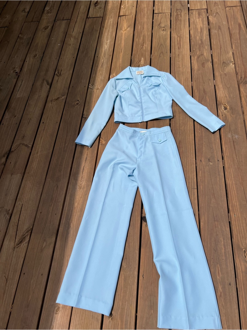 Vintage Light Blue Women's Two-Piece Pant Set Cropped Jacket & Wide Leg Pants